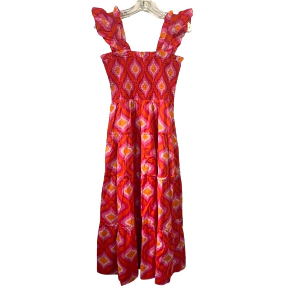 j.marie Ikat Smocked Tiered Maxi Dress Pink Orange S Ruffle Pockets
